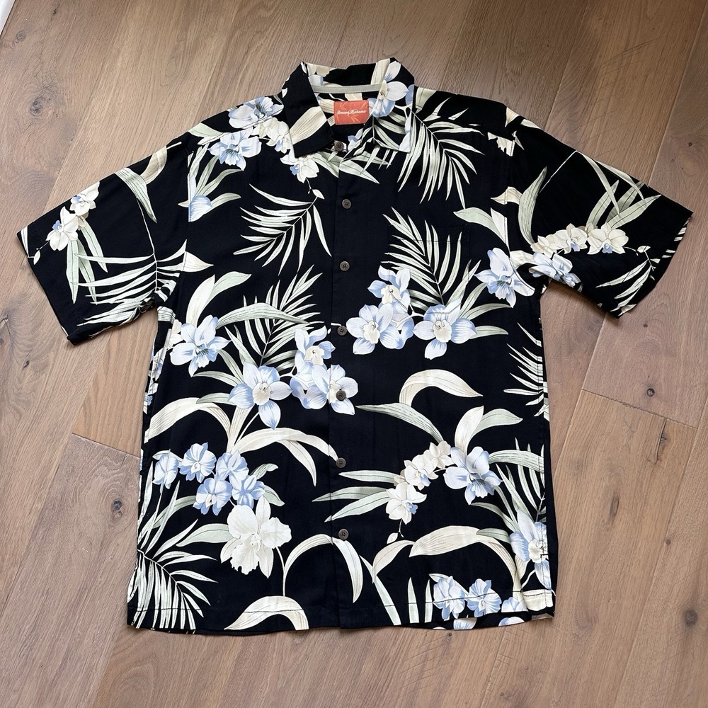 Tommy Bahama Men's 100% Silk Short‎ Sleeve Camp Shirt Black Floral Medium